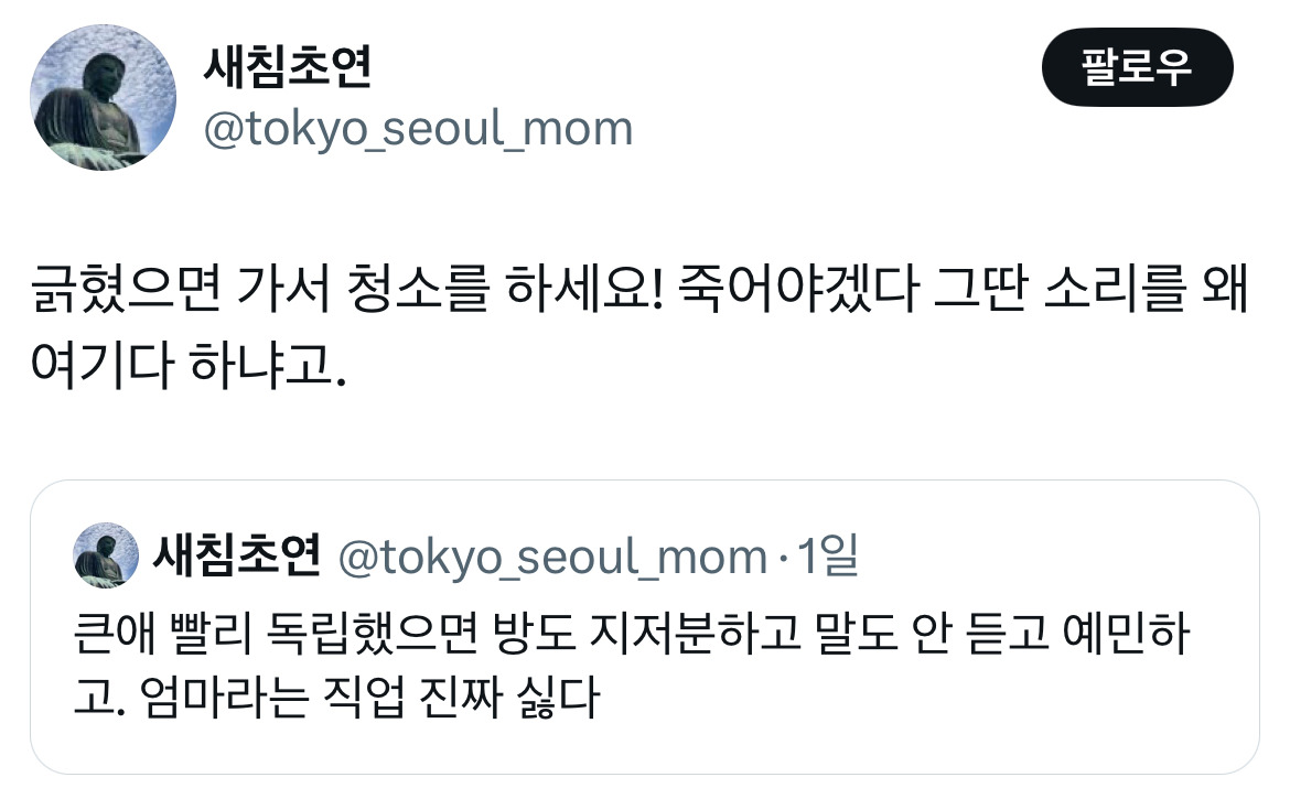 큰애 빨리 독립했으면 방도 지저분하고 말도 안 듣고 예민하고. 엄마라는 직업 진짜 싫다.twt | 인스티즈