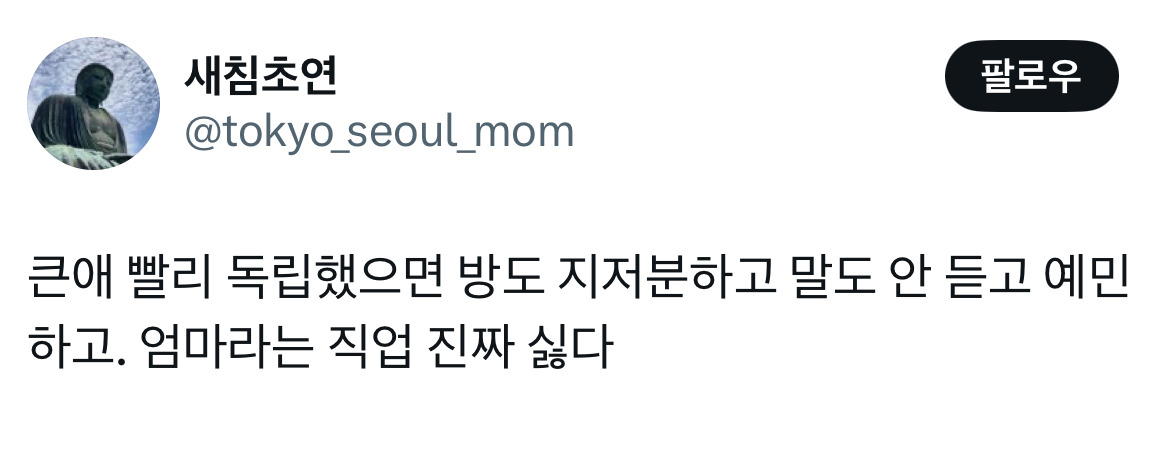  큰애 빨리 독립했으면 방도 지저분하고 말도 안 듣고 예민하고. 엄마라는 직업 진짜 ..