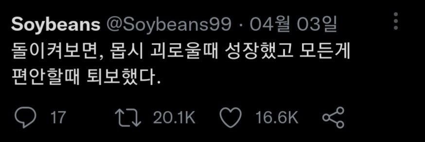  돌이켜보면,몹시 괴로울때 성장했고 모든게 편안할때 퇴보했다