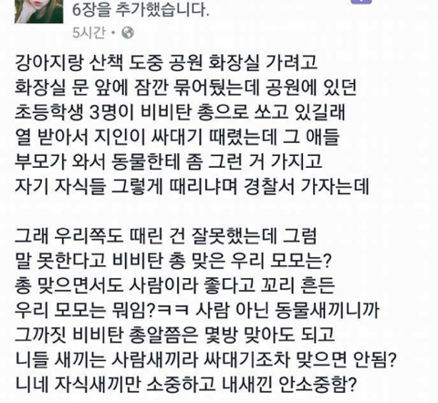  강아지한테 비비탄총 쏴서 싸대기맞은 초딩