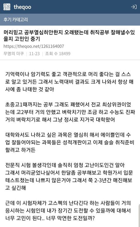  머리믿고 공부열심히안한지 오래됐는데 취직공부 잘해낼수있을지 고민인 중기
