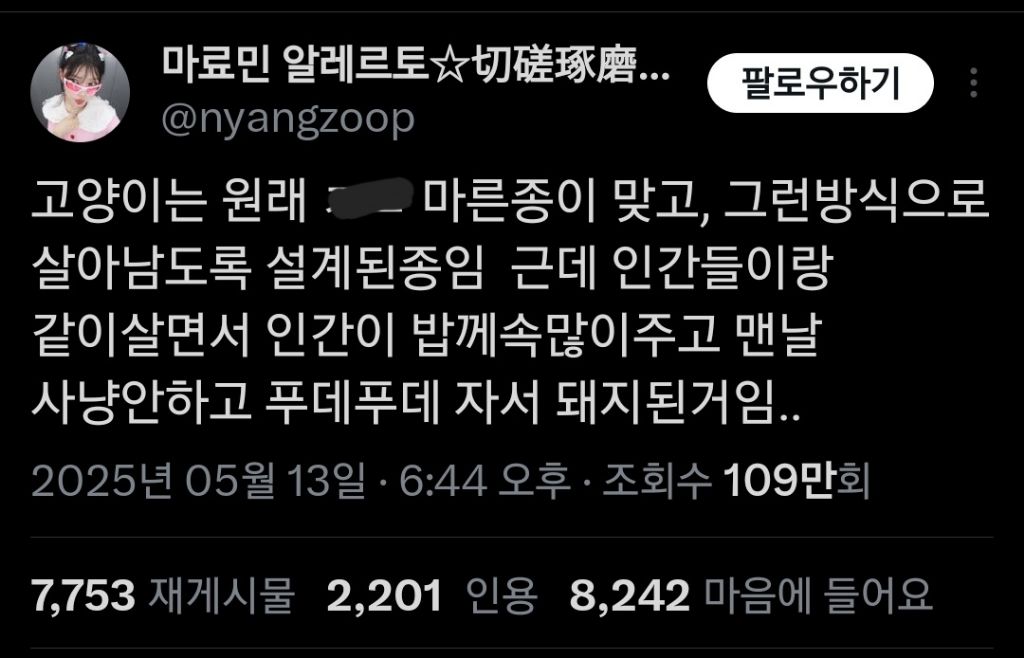  고양이는 원래 마른 종이 맞는데 인간들이랑 같이 살면서...twt