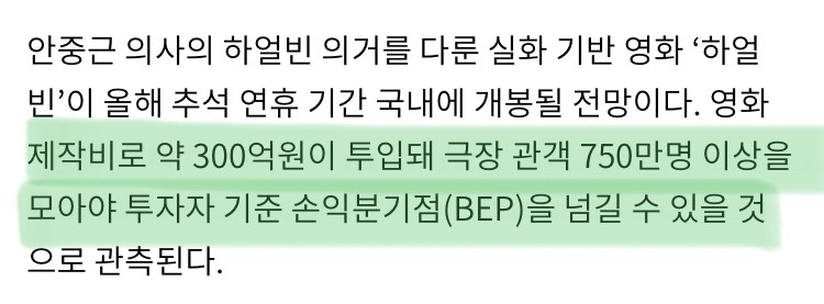  손익분기 난리난 안중근 의사 영화, 하얼빈