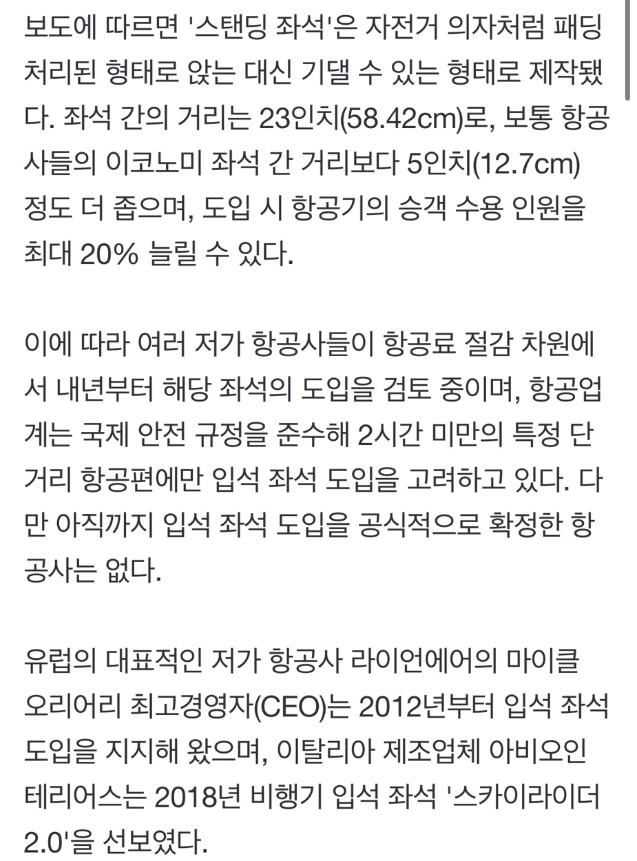 "이코노미 좌석보다 좁다"..비행기 '입석', 이르면 내년부터 도입 | 인스티즈