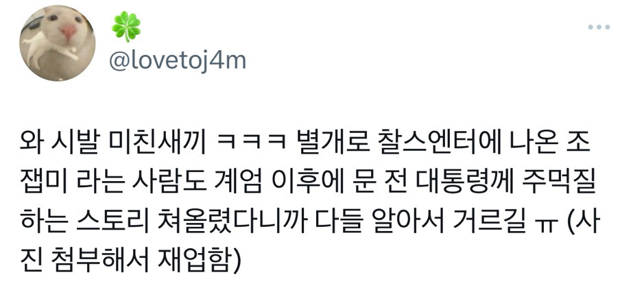 찰스엔터에 나온 조잽미 라는 사람도 계엄 이후에 문 전 대통령께 주먹질 하는 스토리 쳐올렸다니까 다들 알아서 거르길ㅜ | 인스티즈
