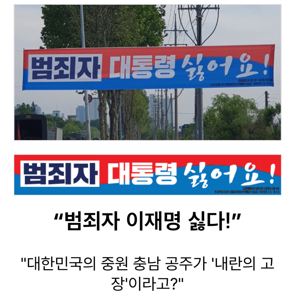 이재명 후보 현수막 위에 "범죄자 대통령 싫어요” 붙이는 중, 지자체 선관위 신고 부탁해 | 인스티즈