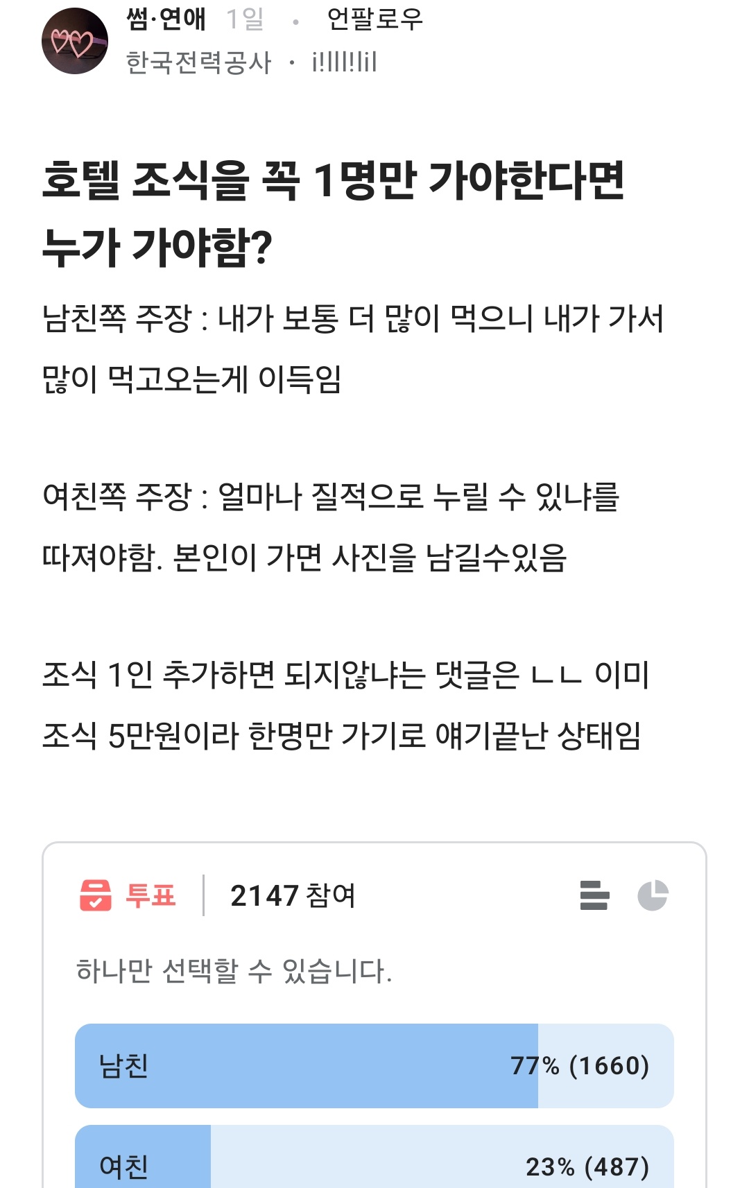  호텔 조식을 꼭 1명만 가야한다면 누가 가야함?1