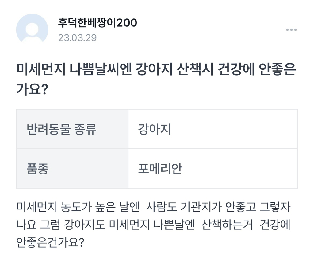  미세먼지 나쁨날씨엔 강아지 산책시 건강에 안좋은가요?