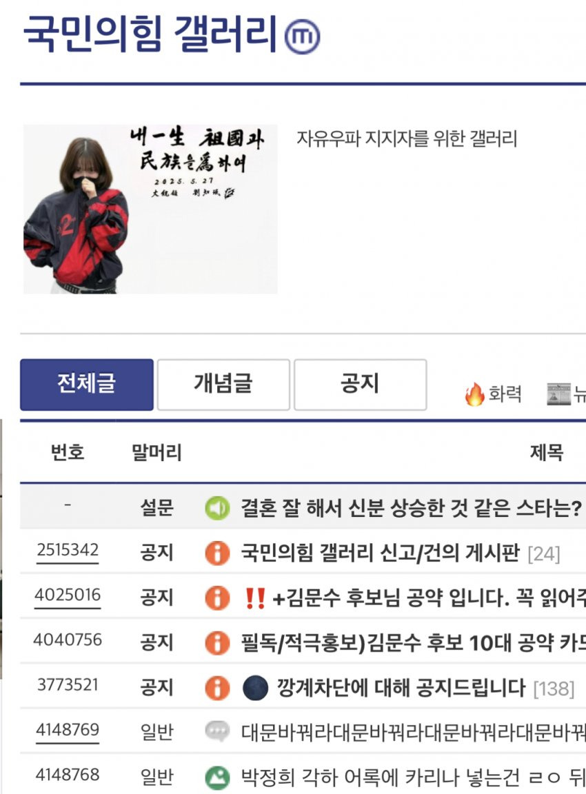 헐 카리나 국힘갤 대문