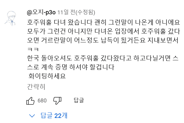 호주 워홀.....유튜브 댓글 대참사 | 인스티즈