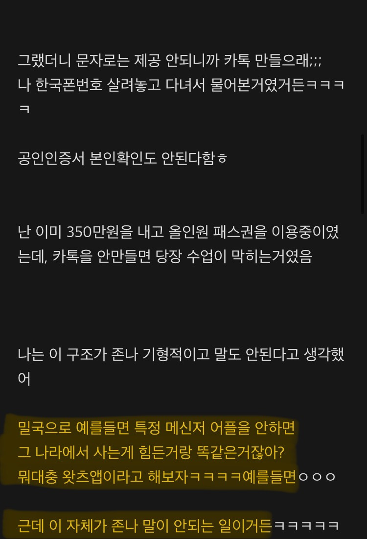 요즘 카카오 난리잖아.. 난 밀시인데 카톡 안하면 한국에서 아무것도 못하는것부터 기형적이라고 생각했어 | 인스티즈