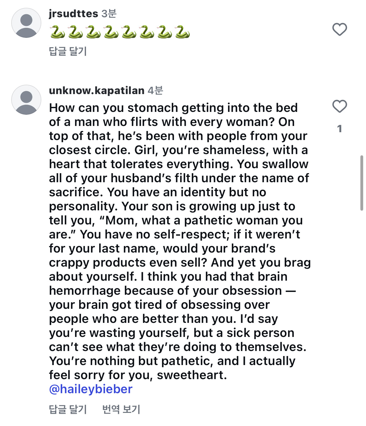 헤일리 비버 인스타 댓글창 상황 (feat. 싸불의 민족) | 인스티즈