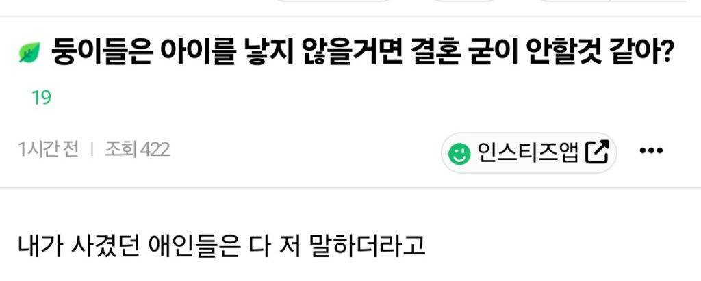 애 안낳을거면 결혼 굳이 안할것 같아? | 인스티즈