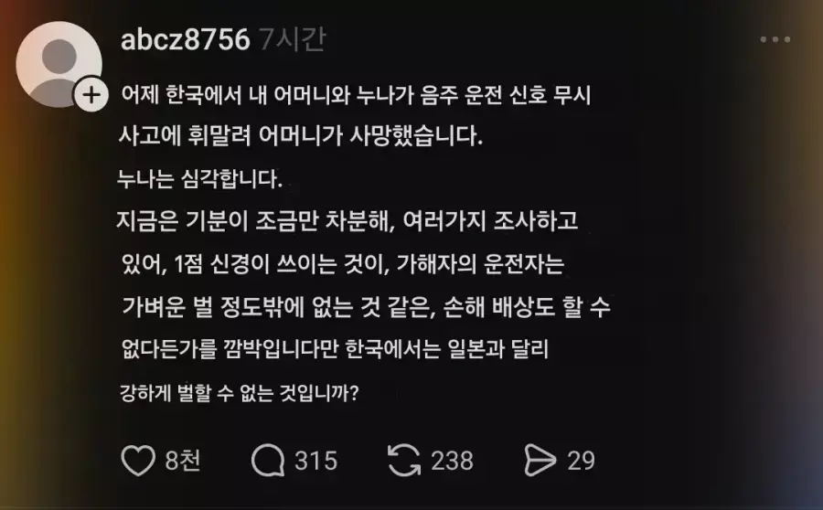 며칠전 음주운전 차량에 숨진 일본 여성의 아들이 쓴 글 | 인스티즈