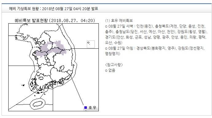 기상특보 현황 : 2018년 08월 27일 04시 20분 이후 (2018년 08월 27일 04시 20분 발표) | 인스티즈