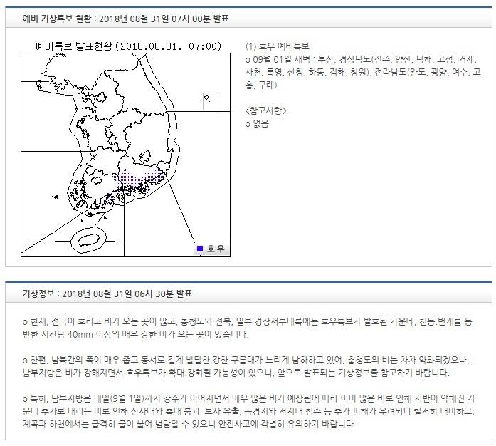 기상특보 현황 : 2018년 08월 31일 07시 00분 이후 (2018년 08월 31일 07시 00분 발표) | 인스티즈