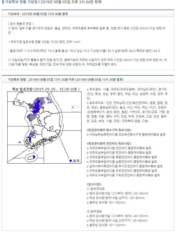 기상특보 현황 : 2019년 09월 05일 15시 30분 이후 (2019년 09월 05일 15시 30분 발표) | 인스티즈