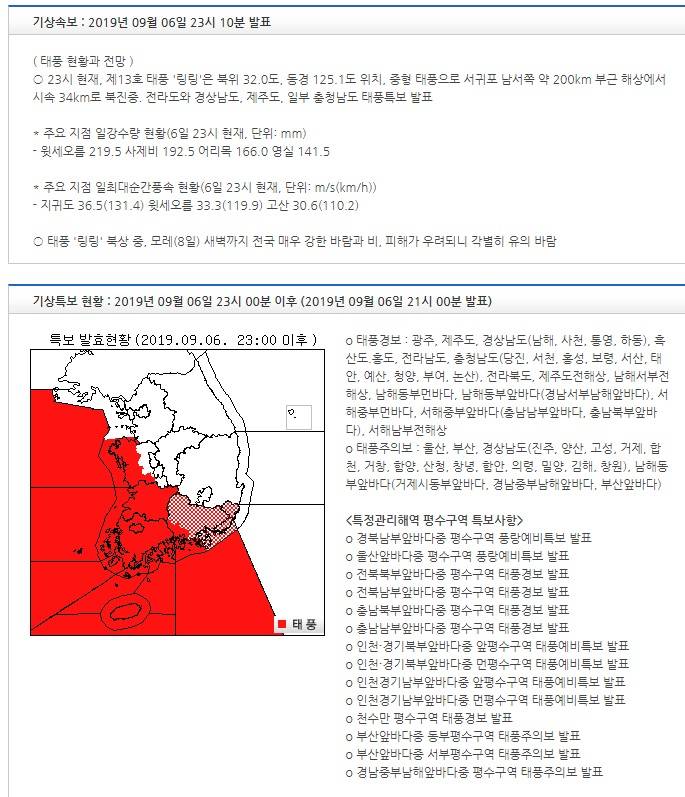 기상특보 현황 : 2019년 09월 06일 23시 00분 이후 (2019년 09월 06일 21시 00분 발표) | 인스티즈