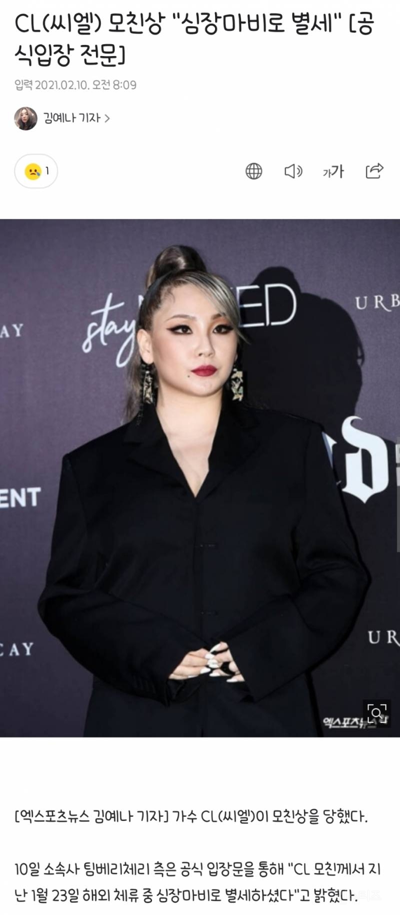 CL(씨엘) 모친상 "심장마비로 별세" | 인스티즈