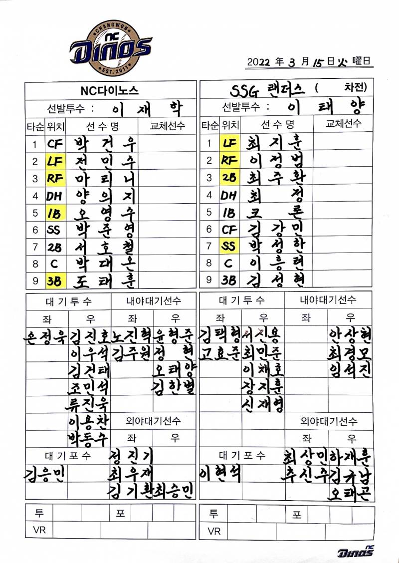 [정보/소식] 220315 시범경기 라인업 (vs SSG) | 인스티즈