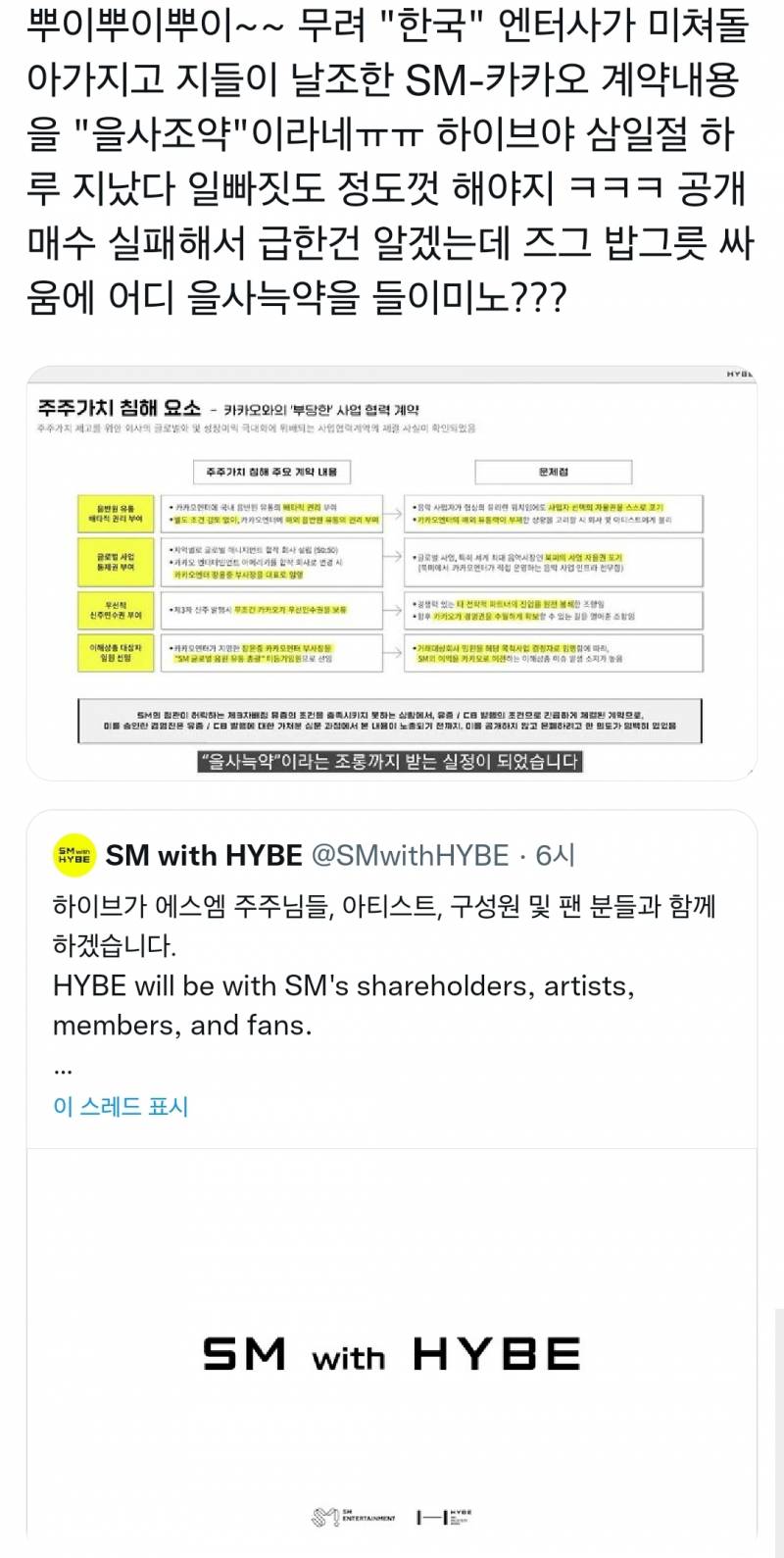 삼일절 다음날 SM과 주식싸움에 을사늑약 언급한 하이브 | 인스티즈