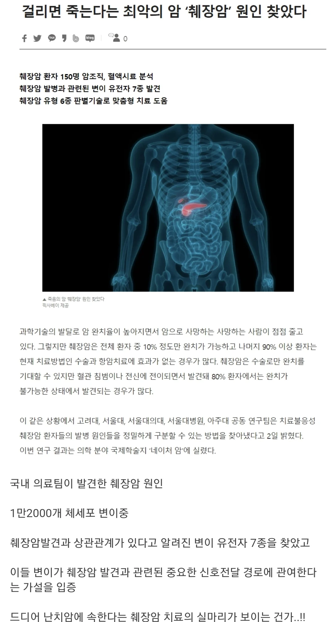 걸리면 죽는다는 최악의 암 중 하나인 '췌장암' 원인 찾았다 | 인스티즈