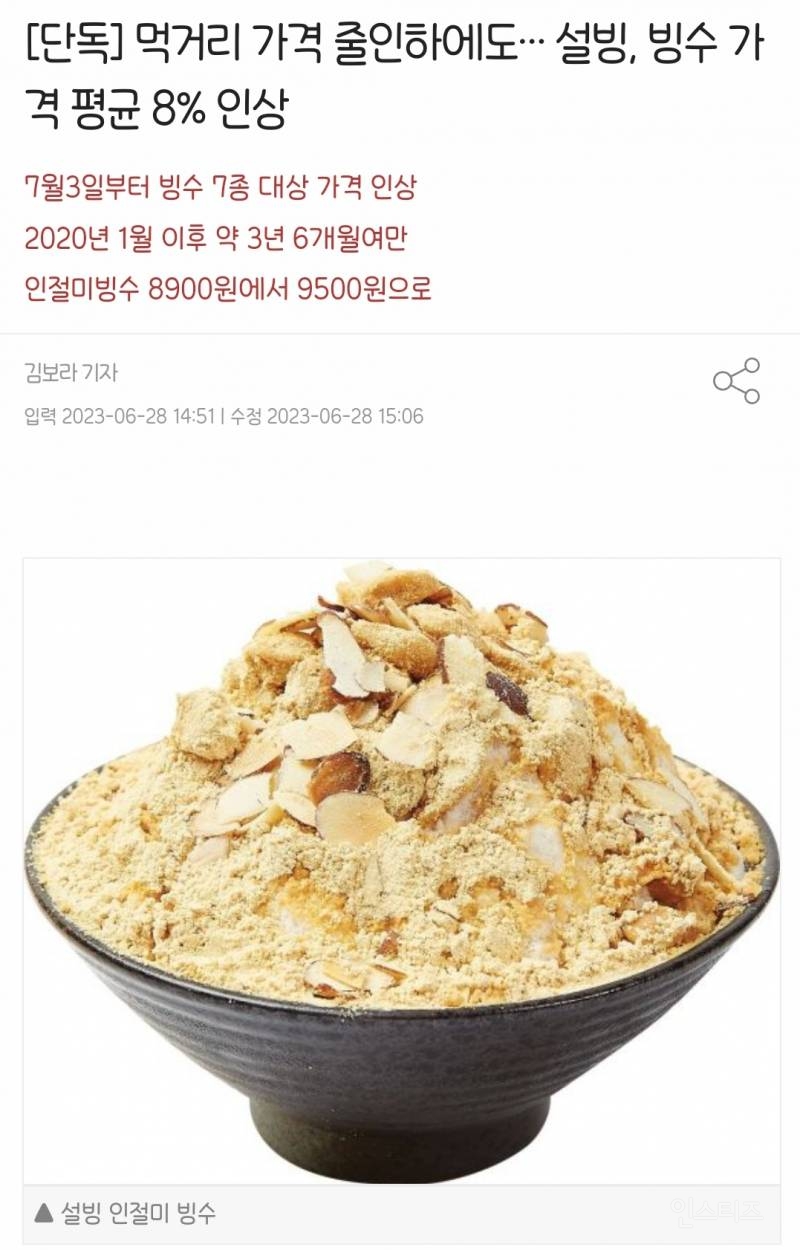 [단독] 먹거리 가격 줄인하에도 설빙, 빙수 가격 평균 8% 인상 | 인스티즈