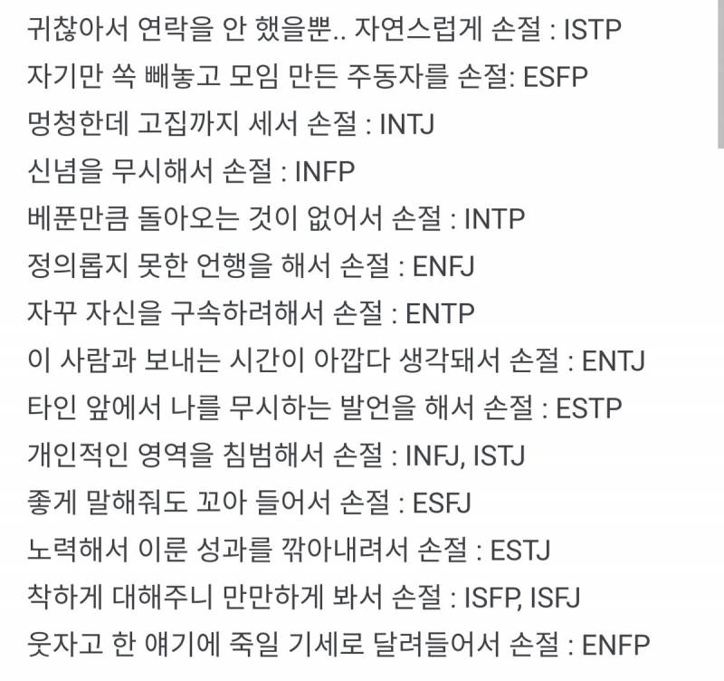 40 이거 MBTI 유형별 친구와 손절하는 유형이래 - 인스티즈(instiz) 일상 카테고리