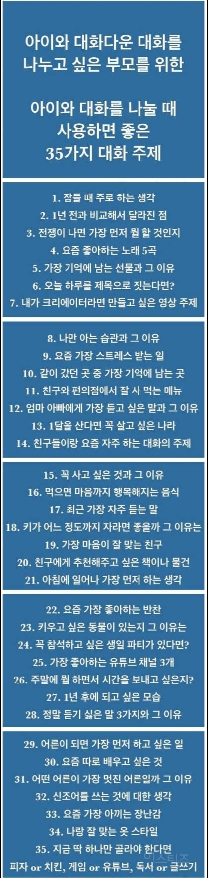 자녀와 대화 나눌 때 사용하면 좋은 35가지 주제 | 인스티즈