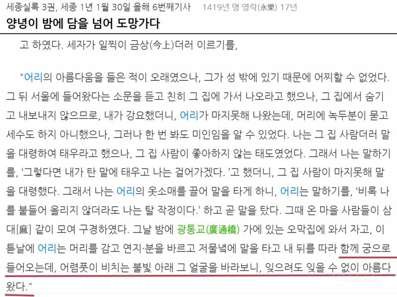 양녕대군이 남긴 조선 초 경국지색의 미녀, 어리에 대한 표현 | 인스티즈