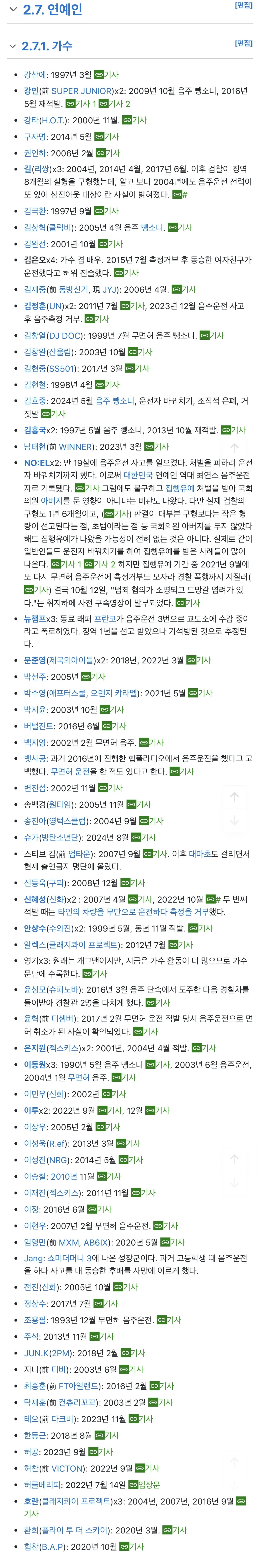 [정보/소식] 연예계 음주운전자 명단 (나무위키) | 인스티즈