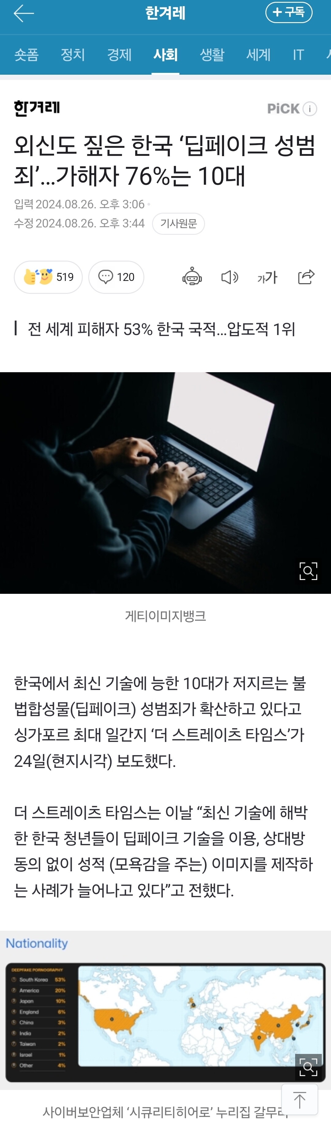 [정보/소식] 외신도 짚은 한국 '딥페이크 성범죄'…가해자 76%는 10대 | 인스티즈