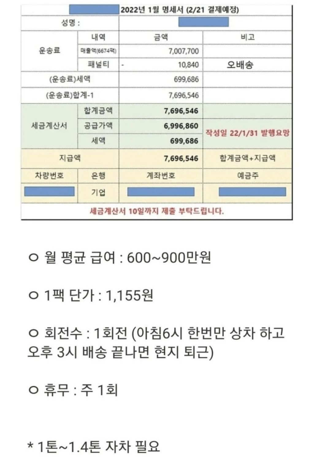 [잡담] 쿠팡 생수 전용 배달기사가 버는 월급 | 인스티즈