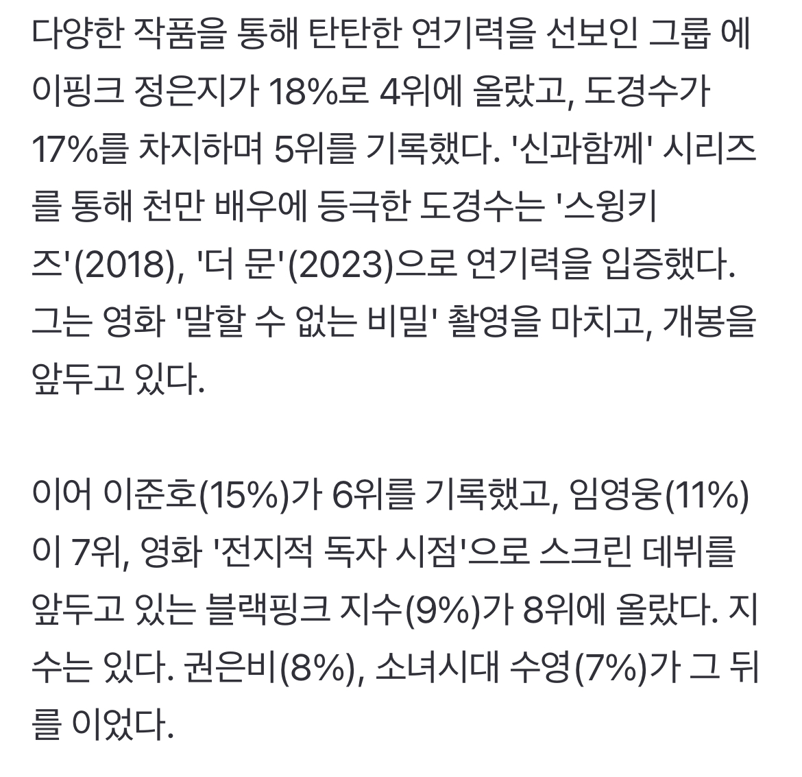 [정보/소식] 갤럽조사) 아이유, '연기돌' 스크린 기대주 1위..임윤아·차은우 공동 2위 | 인스티즈