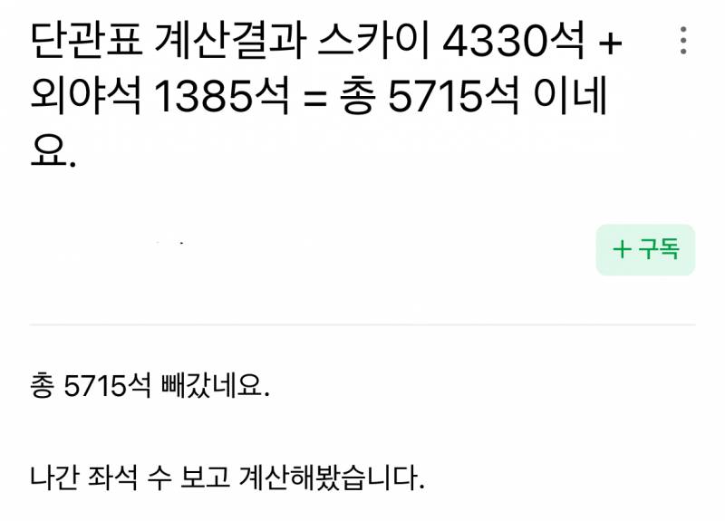 [잡담] 단관 누가 계산해봤는데 5715석이래 | 인스티즈