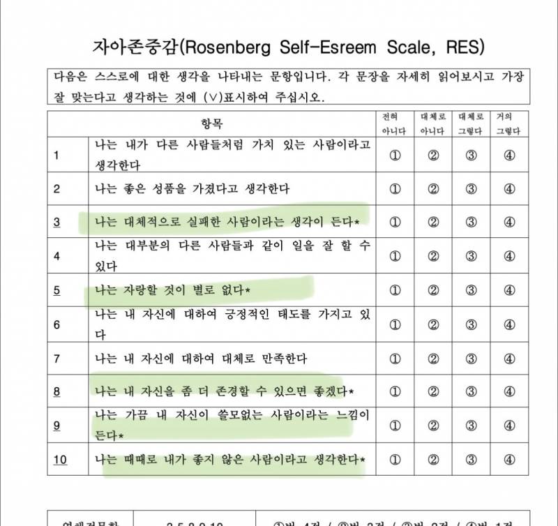 [잡담] 자존감 낮다고 생각하는 익들아 이거 몇점나와? | 인스티즈