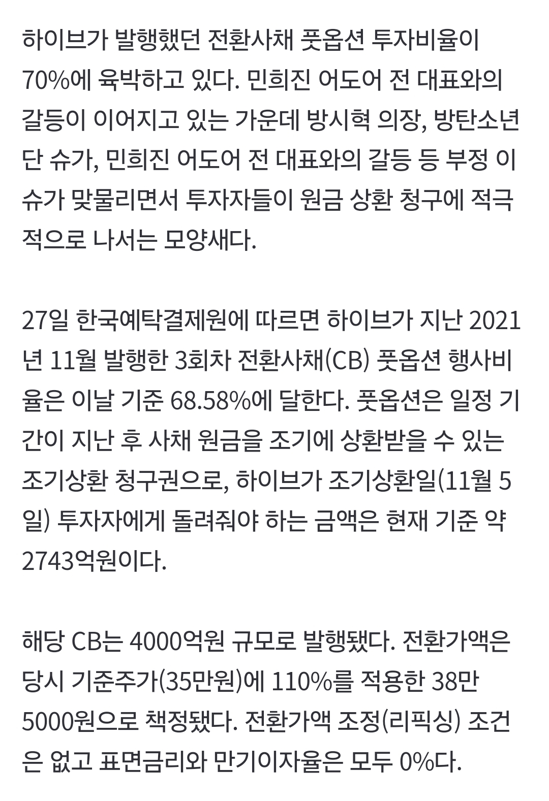 [정보/소식] 하이브, 연이은 악재 속 CB 풋옵션 청구 70% 육박 …2743억 토해내야 [IS엔터주] | 인스티즈