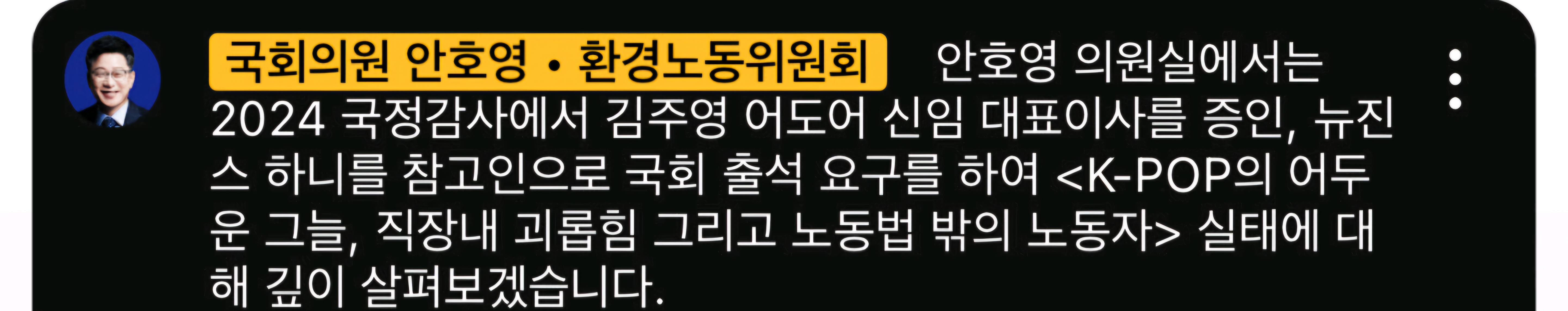 [정보/소식] 안호영 의원 국정감사에 어도어 대표 김주영, 뉴진스 하니 출석 요구 | 인스티즈