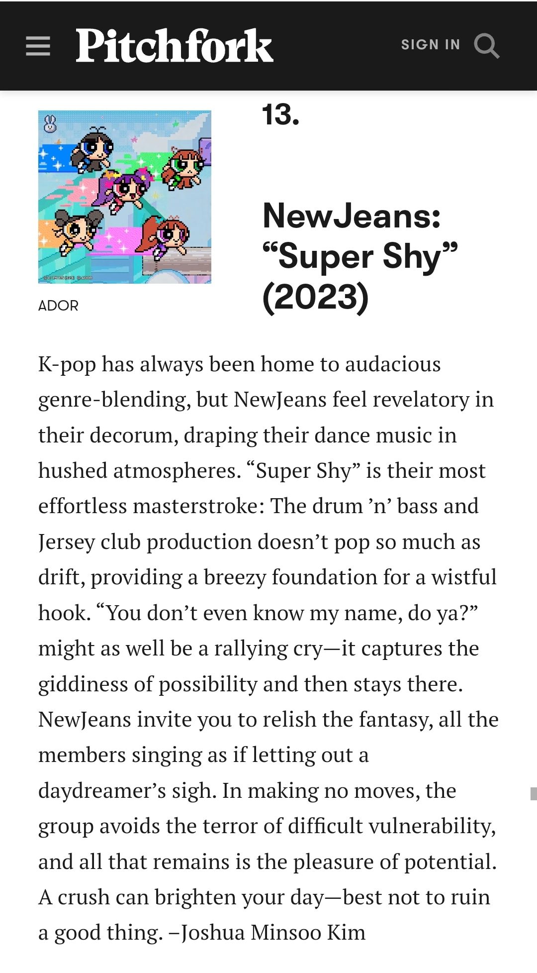 [정보/소식] 뉴진스 Super Shy 피치포크 선정 2020년대 최고의 노래 13위 | 인스티즈