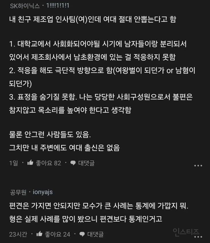 요즘 여대 출신은 뽑지 않는 다는 이유 | 인스티즈