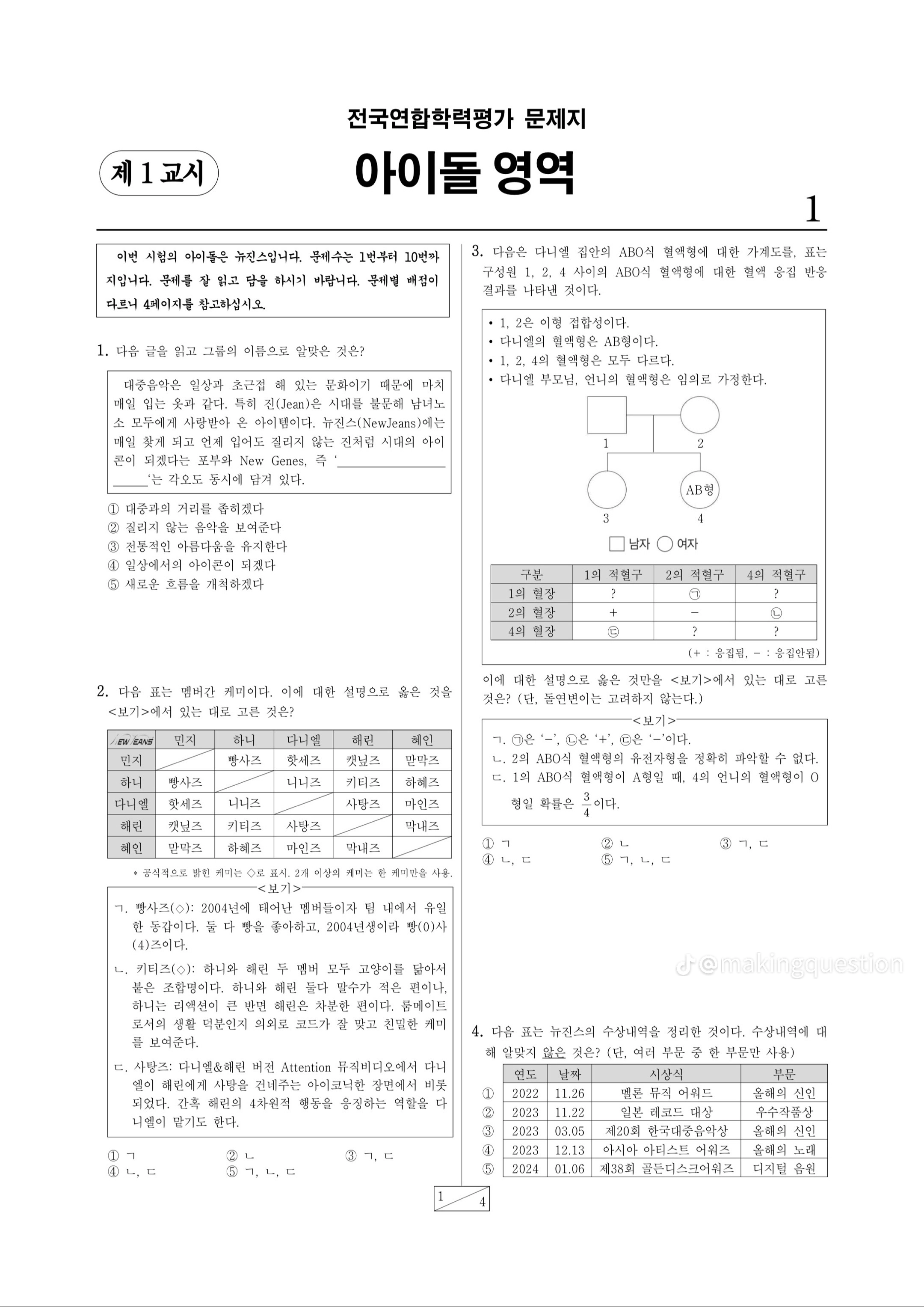 [잡담] 전국연합학력평가 문제지 (뉴진스 영역) | 인스티즈