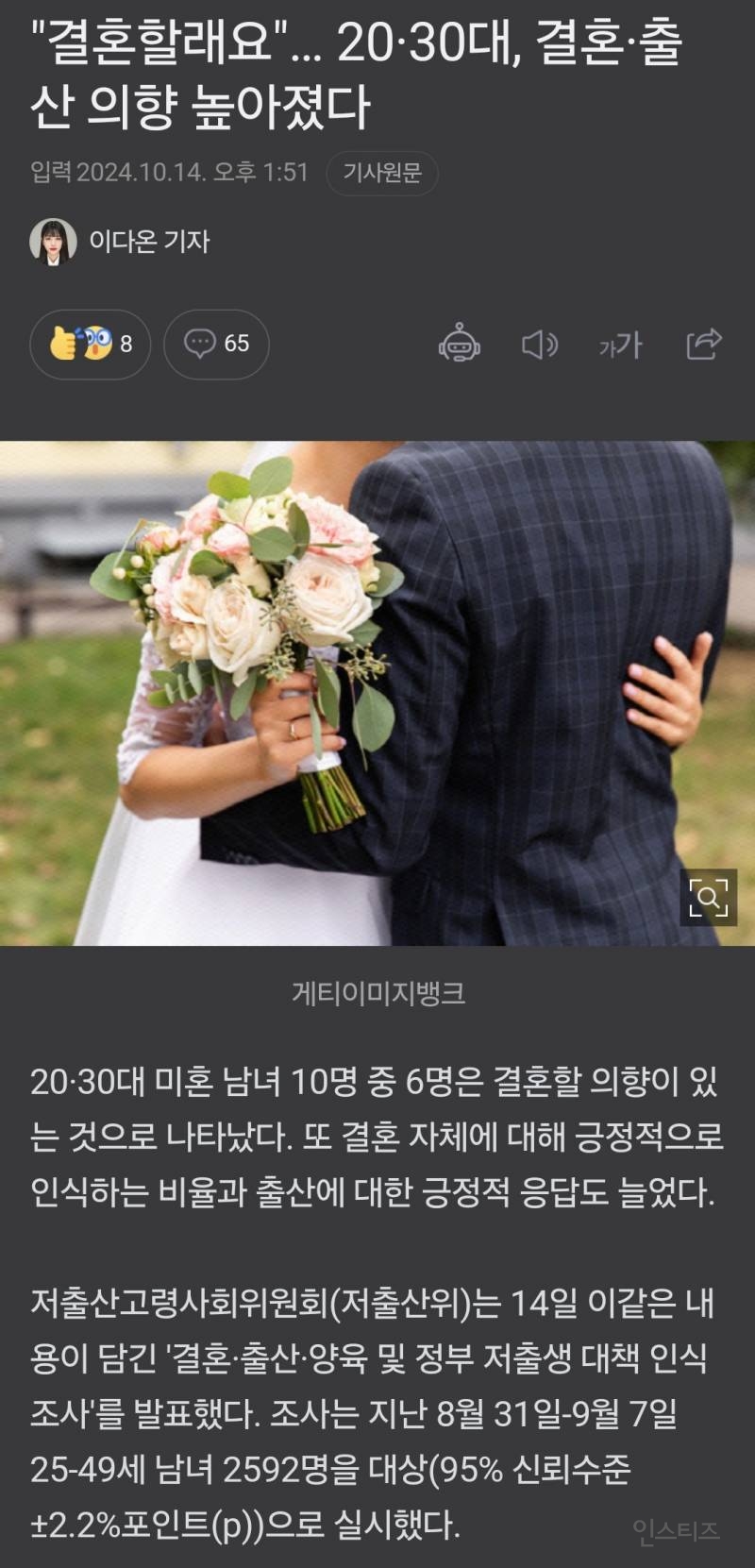 "결혼할래요"… 20·30대, 결혼·출산 의향 높아졌다 | 인스티즈