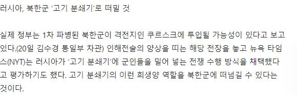 [잡담] 북한이 파병보낸거 다 10대 초짜애들이래.. 고기분쇄기방식으로 쓰려고 보낸거라고... | 인스티즈