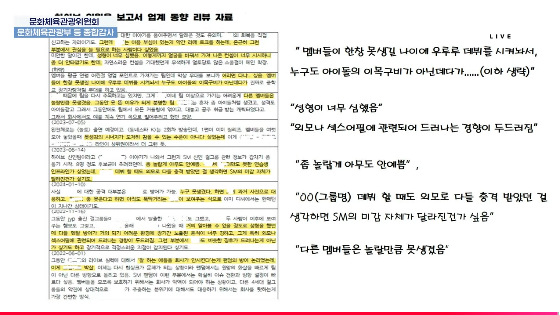 [정보/소식] 국감에서 발표된 하이브의 SM 뒷담 공식 내부 문건.jpg (혐오주의) | 인스티즈