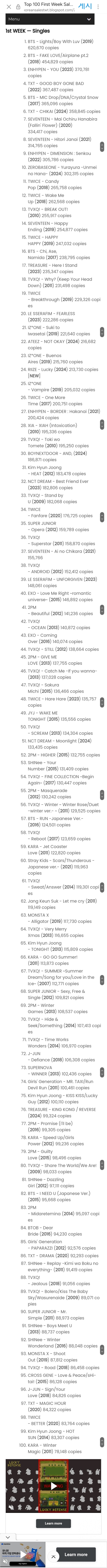 [정보/소식] Kpop 아이돌 역대 일본싱글, 일본앨범 판매량 (9/12 기준) | 인스티즈