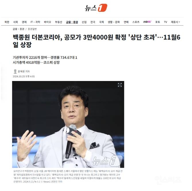 백종원 더본코리아, 공모가 3만4000원 확정 '상단 초과'…11월6일 상장 | 인스티즈