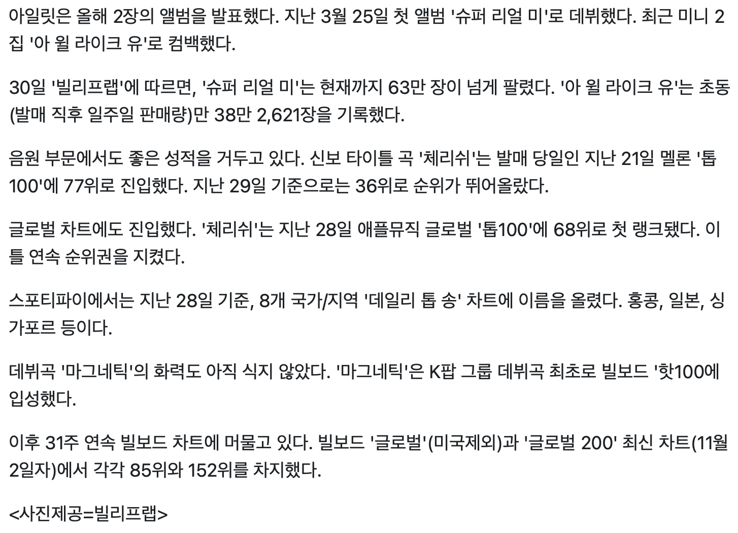 [정보/소식] 아일릿, 앨범 누적 판매 100만…데뷔 7달 만에, 뜨거운 성과 | 인스티즈