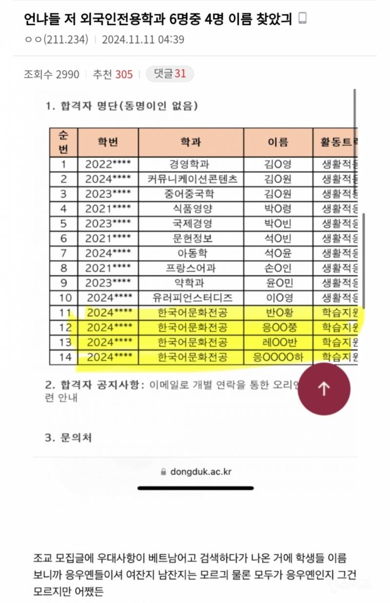 동덕여대 여학생들 남자 신상털기 논란 | 인스티즈