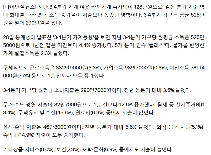 [정보/소식] 월소득 525만원 시대, 가계 흑자 '역대급'(통계청) | 인스티즈