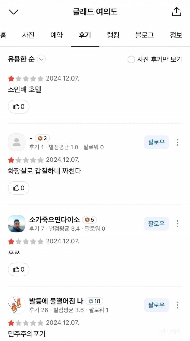 현재 별점테러 당하고 있는 여의도 호텔 | 인스티즈